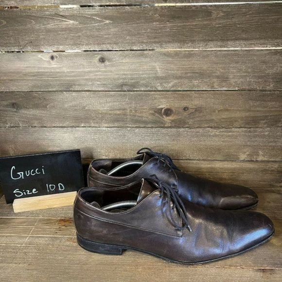 Mens Gucci Lifford Plain Toe Brown Leather Oxford Dress Shoes‎ Size 10 D GUC - Picture 1 of 11